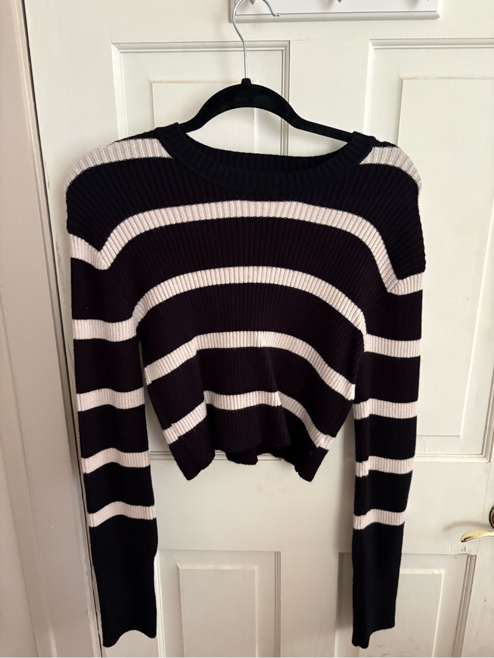 Pink Rose Black and Cream Striped Ribbed Cropped Sweater